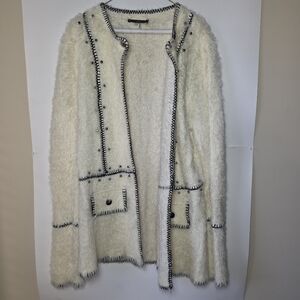 Chic White Fuzzy Sweater Cardigan with Black Trim Soft faux Fur Women Size L